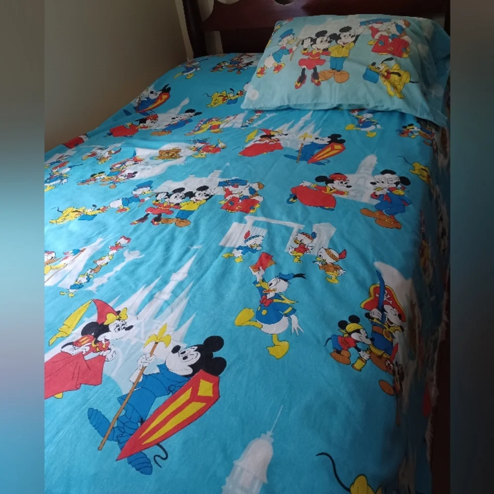 Vintage 70s Walt Disney Frontierland Donald duck Mickey pillowcase & bedspread